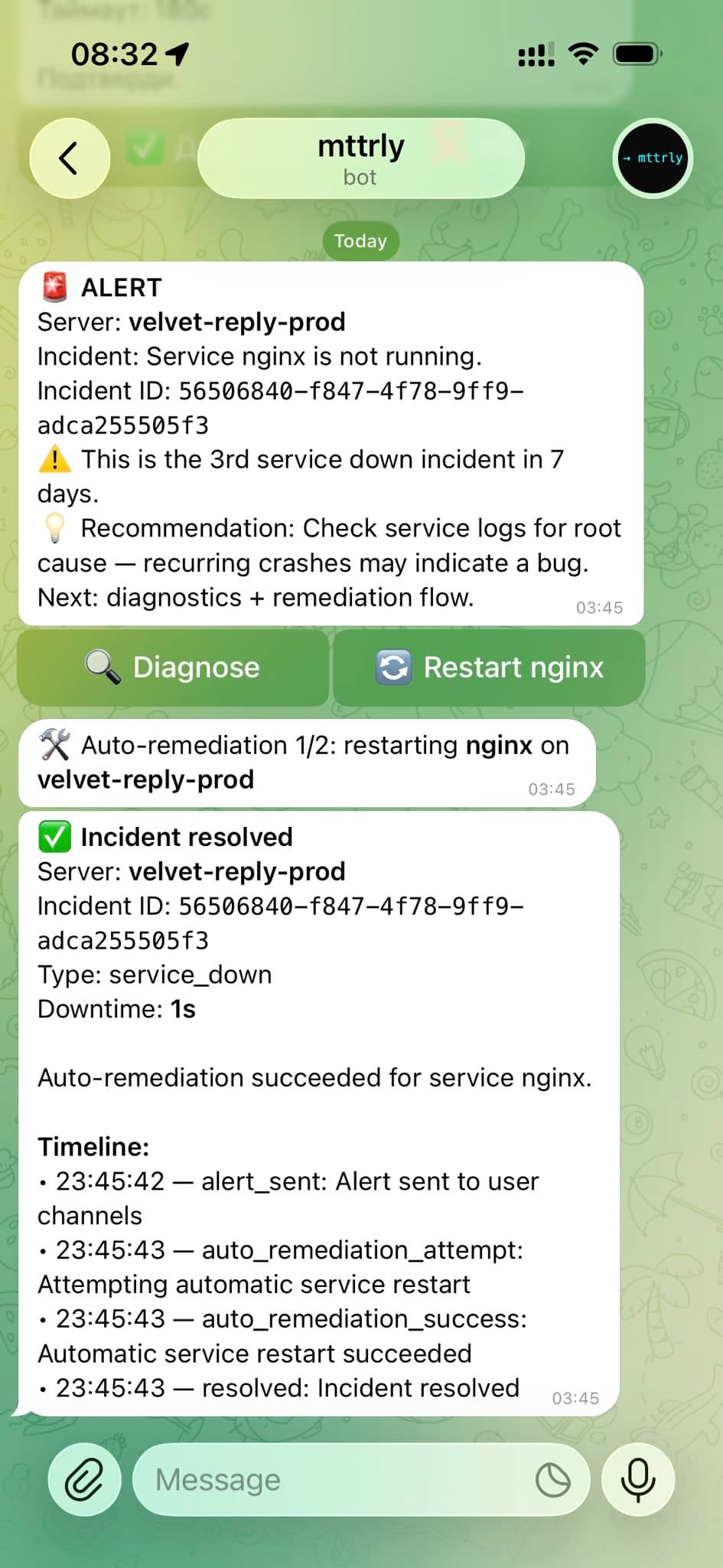 Telegram incident thread from a controlled mttrly founder test showing nginx down, an authorized restart, and resolution in one second